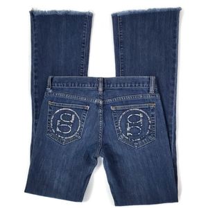 Vintage Bebe Low Rise Straight Leg Rhinestone Logo Raw Hem Cuff Mid Wash Jeans
